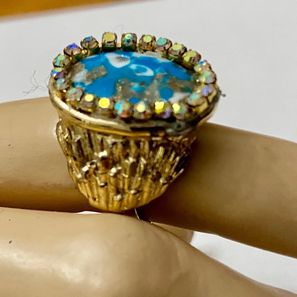 Vintage, Stamped Hobe Blue Agate Adjustable Ring with Rhinestones - Picture 2 of 13
